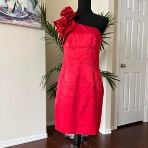 Jessica Simpson Red Ruffled Rosette One Shoulder Sheath Cocktail Dress size 8